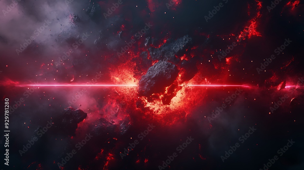 Poster red glowing light explodes from the center of a dark, fiery nebula with particles floating around.