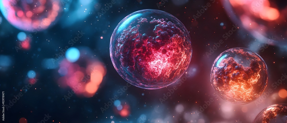 Poster microscopic visualization of intricate cellular structures in a vibrant cosmic backdrop this image s