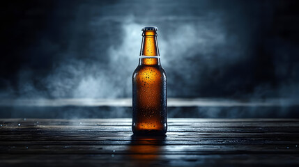 A brown glass bottle with condensation on a wooden surface.