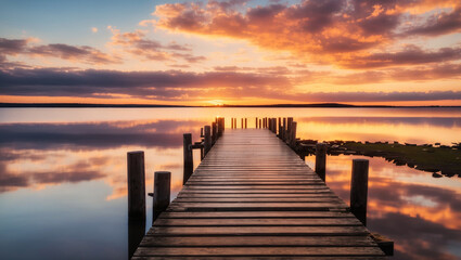Fototapeta premium This is a picture of a lake with a wooden dock, with a sunset in the background. The sky is colorful with orange and purple colors.