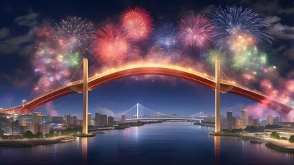 Fireworks above the Rainbow Bridge, Tokyo, Odaiba, Japan