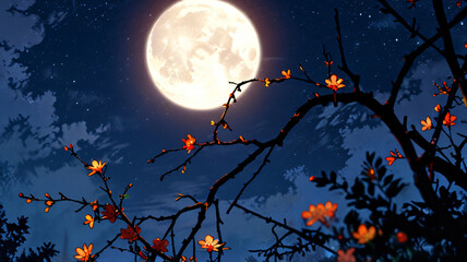 Moonlit Floral Silhouette, nature background wallpaper, anime illustration drawing