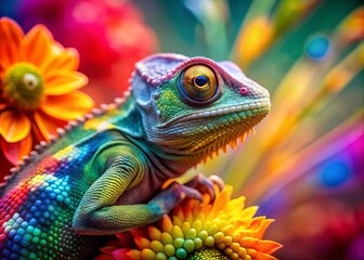Obraz premium Vibrant lizard chameleon with intricate scales and curled tail sits on a rainbow-hued floral background, its eyes gleaming with bright, inquisitive intensity.