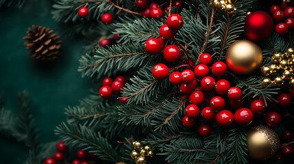 Christmas wreath with vibrant red berries and sparkling golden balls on a deep forest green background