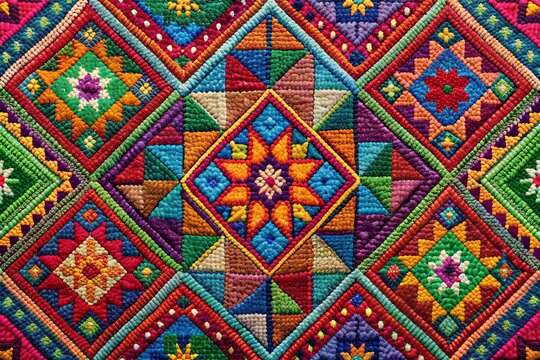 Vibrant colorful geometric shapes adorn a woven fabric with intricate textile details, showcasing a mesmerizing mosaic of interlocking squares, triangles, and circles in bold hues.