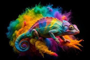 Obraz premium Vibrant multicolor powder paint explosion splashes onto a solitary chameleon isolated on a transparent background, creating a stunning, chameleon-shaped dust explosion of colorful chaos.