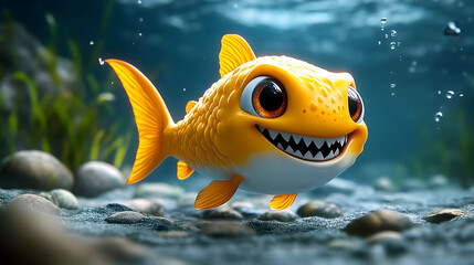 A cheerful cartoon fish swimming in a vibrant underwater scene.