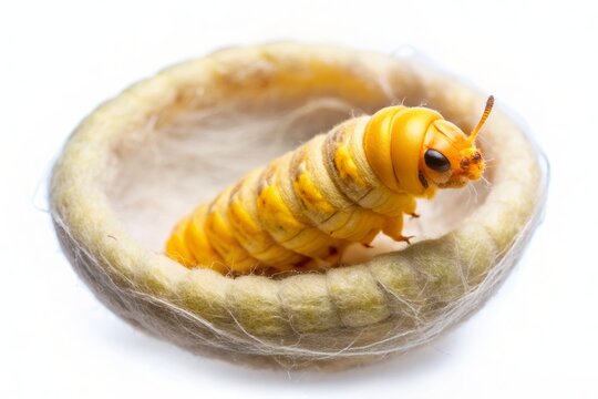 Vibrant yellow silkworm Bombyx mori wraps itself in a silky cocoon, its tiny legs and antennae visible in a mesmerizing macro close-up against a soft white background.