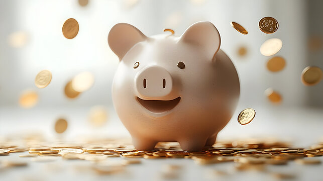 A cheerful piggy bank surrounded by scattered coins.
