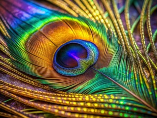 Obraz premium Vibrant iridescent abstract peacock feather with intricate macro close-up details, showcasing exotic bird's stunning texture, shimmering colors and natural beauty as a mesmerizing background.