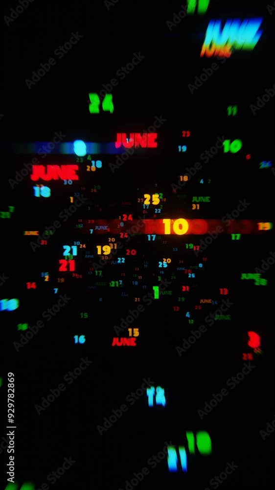 Poster abstract digital art with glowing text representing the month of june in vivid neon colors on a dark
