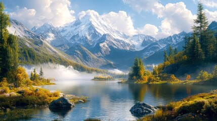 A serene mountain landscape features a misty lake surrounded by autumn foliage, ideal for nature-themed content, travel marketing, or relaxation concepts,