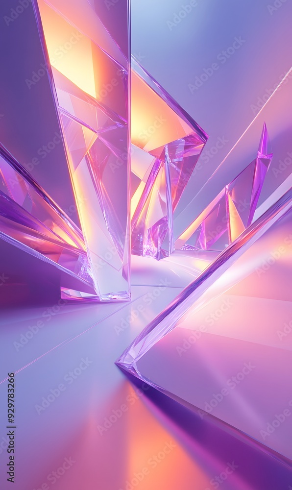 Poster 37. abstract 3d geometric composition with glowing prisms and smooth surfaces, rendered on a minimal