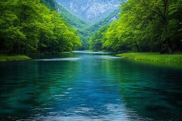 A serene river flows between lush green trees and majestic mountains, perfect for promoting tranquility, travel destinations, and nature retreats, © Kakabe