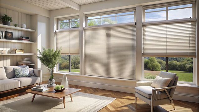 Extra large pleated blinds in white, featuring a 50mm fold, showcased in the window opening. Contemporary top down bottom up privacy shades for apartment, Generative AI