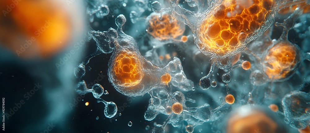 Poster microscopic view of intricate biochemical processes and molecular interactions observed through adva