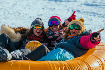Three friends enjoying a fun day of tubing on snowy slopes during winter