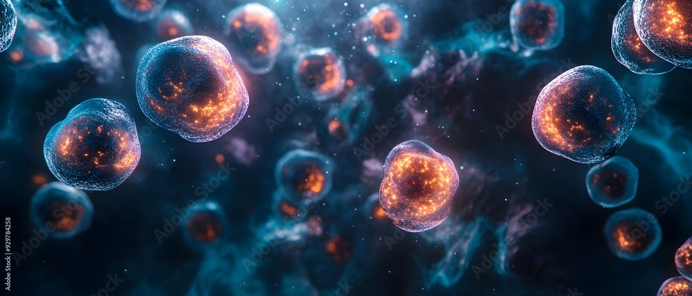 Poster biochemical processes within organelles observed through microscopy highlighting molecular interacti