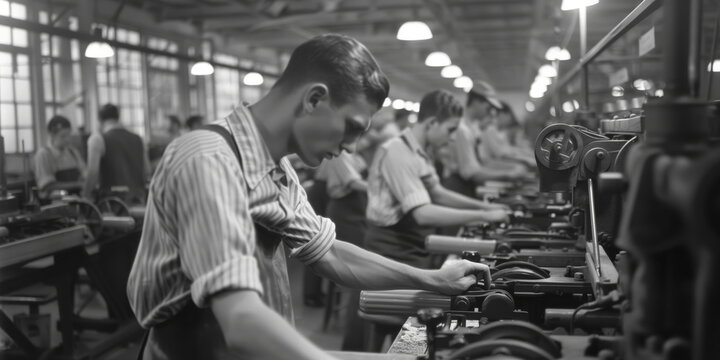 textile manufactures aligned machinery operater of monochrome age. 