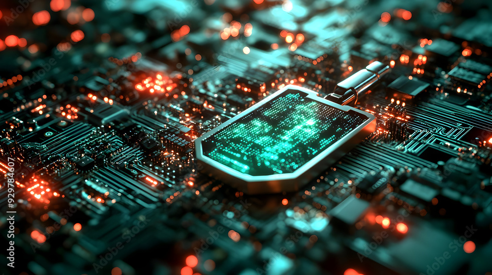 Aufkleber a close-up of a circuit board with glowing elements and a digital chip.