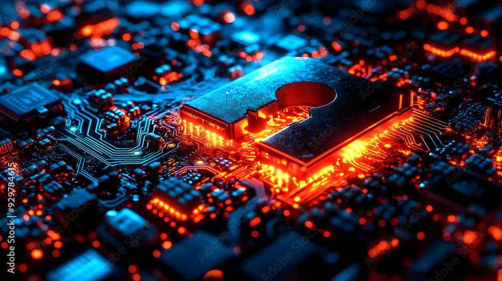 Aufkleber a close-up of a circuit board with glowing elements and a lock symbol.