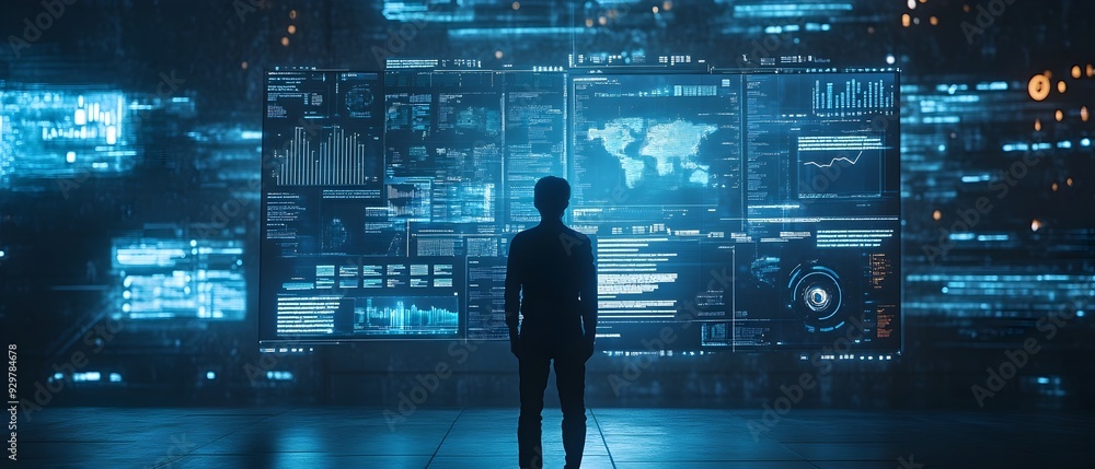 Poster futuristic digital dashboard showcasing predictive data visualization and forecasting systems to ana