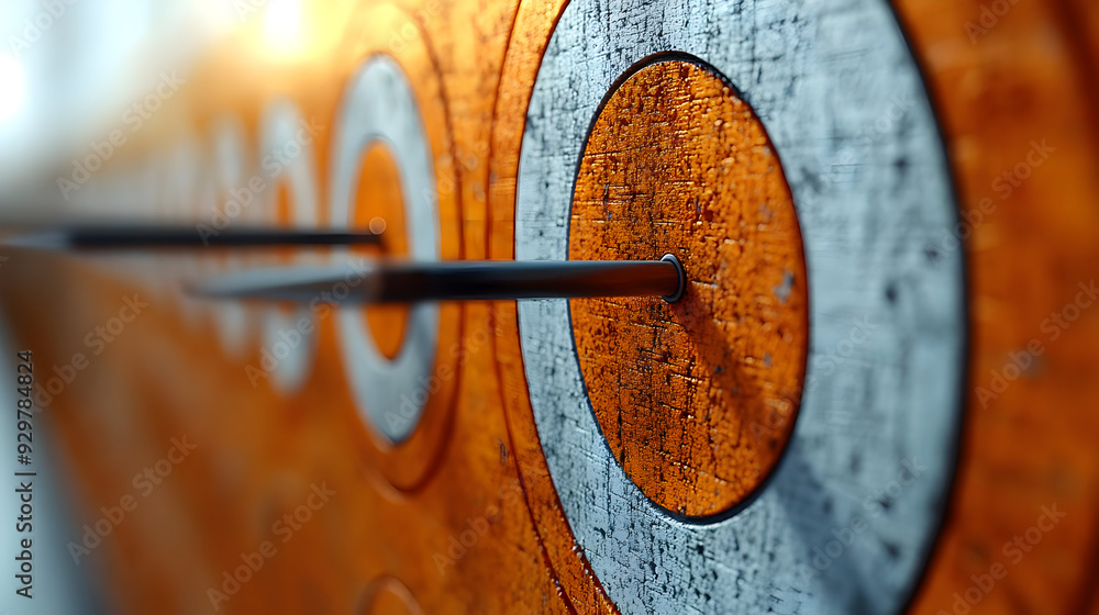 Poster a close-up of a dartboard with darts embedded in it.