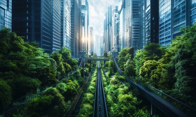 Fototapeta premium Sustainable Urban Innovation: Smart City 5.0 with Green Digital Infrastructure. Eco-friendly Electronic Solutions for Environmental Protection and Sustainable Economic Growth. Ideal for World Environm