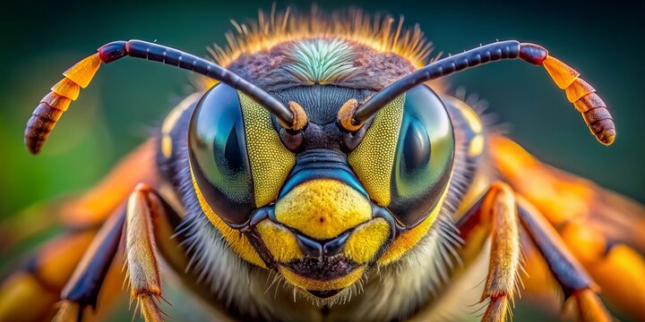 Vibrant close-up of a wasp's head showcasing intricate details of compound eyes, slender antennae, and sharp mandibles against a blurred natural background.