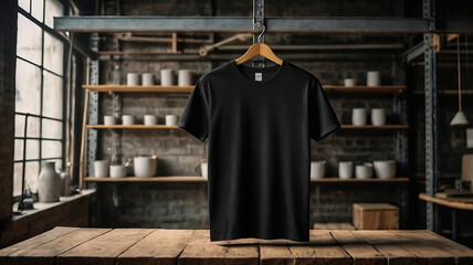 Naklejka premium Black t-shirt hanging in the room, mock up clothes