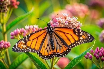 Fototapeta premium Vibrant monarch butterfly perches delicately on soft pink milkweed flowers amidst lush green foliage, its intricate orange and black wings folded in gentle repose.