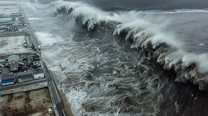 realistic aerial photograph of the massive winter tsunami in Japan, showing people fleeing and buildings being destroyed by high waves, capturing the scale of destruction