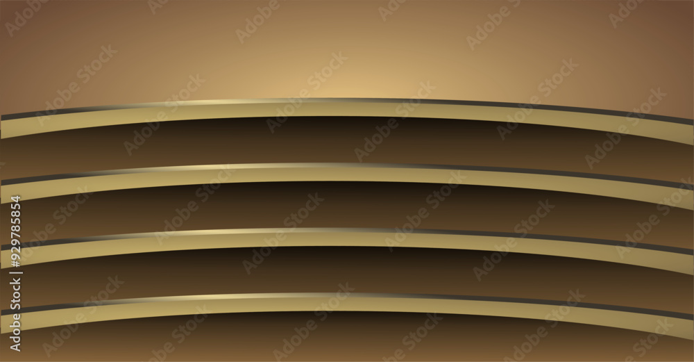 Poster composition of empty space, curved lines and geometric abstract fields with gradations of gold, brow