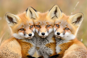 Fototapeta premium A joyful portrait of three happy red fox kits, showcasing their fluffy fur and playful, curious expressions.