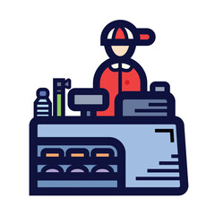 Cashier counter and worker colorful icon illustration isolated on square white background. Simple flat outlined cartoon art styled drawing.