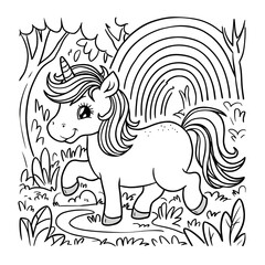 Fototapeta premium Cute Unicorn with a rainbow mane, prancing in a magical forest simple thick black line art for children cartoon coloring book pages. Clean drawing on white background