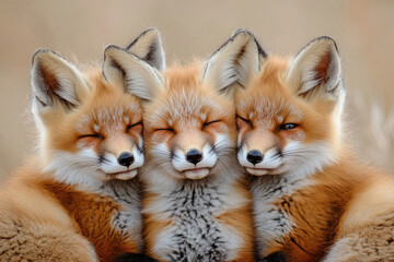 Obraz premium A joyful portrait of three happy red fox kits, showcasing their fluffy fur and playful, curious expressions.