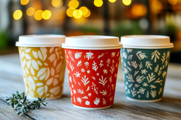 Colorful coffee cups decorated with leaves on a wooden table in a cozy café during evening hours