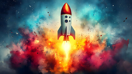 Fototapeta premium A colorful rocket launching into a vibrant cosmic scene.