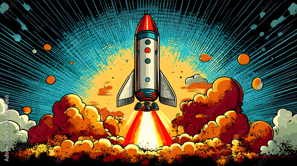 Poster a colorful rocket launching into the sky amidst clouds and explosions.