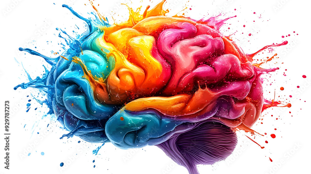 Poster a colorful, artistic representation of a brain with paint splashes.
