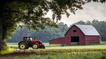 Obraz premium Red tractor parked in front of a red barn in a field of green grass, with trees in the background.