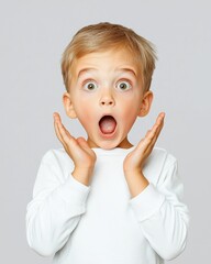 A surprised young boy expressing joy and amazement with wide eyes and open mouth. Perfect for capturing childhood emotions.