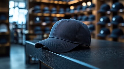  Close-Up Black Baseball Cap Mockup on Shelf in Sports Store, Blank Hat Template for Design Presentation and Branding Concept, Realistic 3D Rendering with Soft-Focus Sports Shop Background