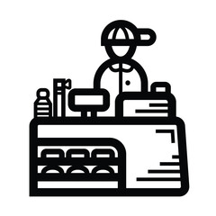 Cashier counter and worker icon illustration isolated on square white background. Simple flat outlined cartoon art styled drawing.