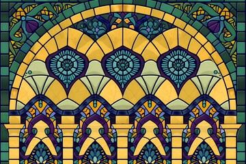 Ornate stained glass design featuring intricate patterns and vibrant colors.