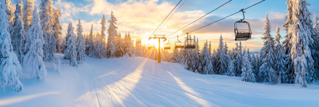 Ski resort sunrise over snow-covered trees with ski lifts in winter