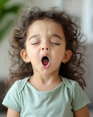 A young girl with curly hair yawning, capturing a moment of sleepiness and innocence. Perfect for childhood themes.