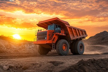 A dump truck drives along a dirt road at a construction site, illuminated by the warm glow of a sunset, with clouds casting colorful shadows in the background