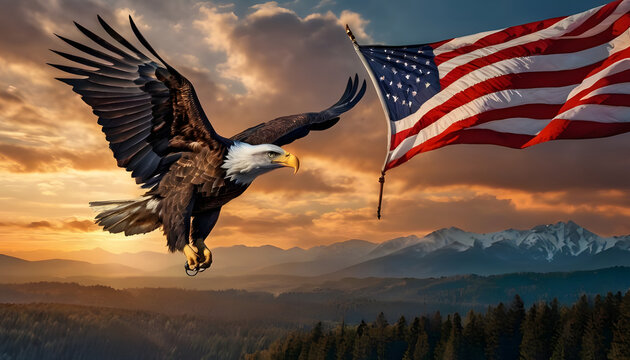 American flag with a bald eagle Presidents Day4th of July, USA independence day background 